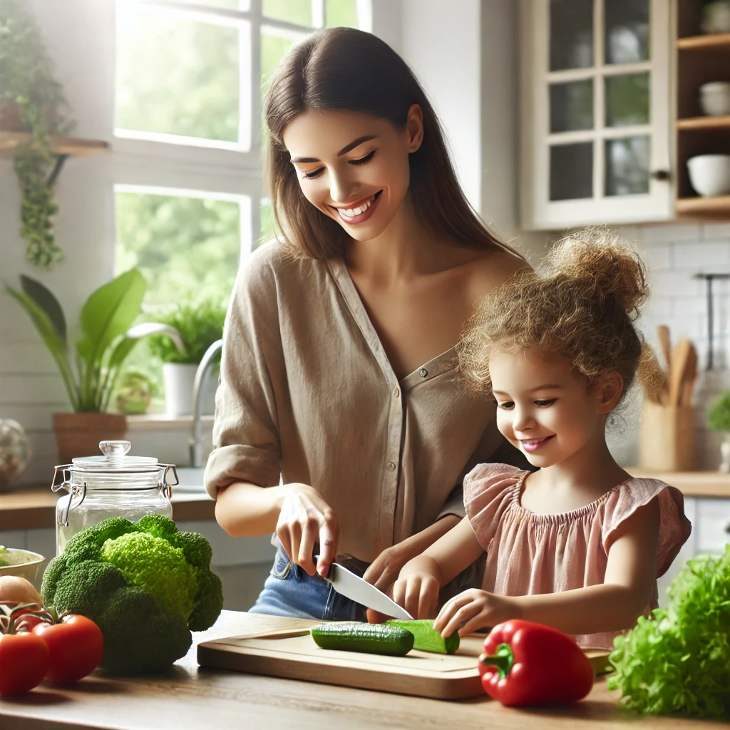 A mother and daughter happily preparing fresh vegetables in a bright, modern kitchen filled with natural light and vibrant produce.