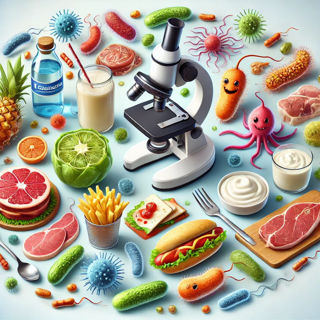 Illustration of colorful bacteria with a microscope, symbolizing the importance of identifying and understanding foodborne bacteria.